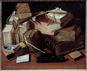 Jean Andreas Bisetin (1672-n. 1710) maalaus asetelma kirjojen kanssa. Bourg en Bresse, Musee de Breu - Asetelma kirjojen kanssa. Jean Andreas Bisetin maalaus (1672-n. 1710). Breu-museo, Bourg en Bresse, Ranska tekijältä Jean Andreas Biset