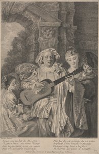 Mezetinin puvussa, printti Henri Simon Thomassin n. 1717-1726 (etsaus) tekijältä Jean Antoine (after) Watteau