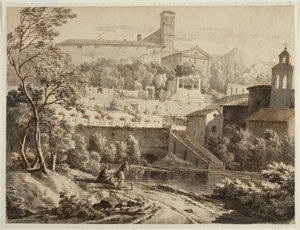 Taiteilija luonnostelee joen rantaa, italialaisen kaupungin alapuolella, n. 1780 (muste ja pesu levitetylle paperille, jälkiä mustasta liidusta) tekijältä Jean Antoine Constantin
