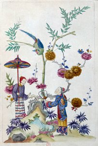 Piirustus tulee kiinalaisesta maljakosta: pariskunta puutarhassa. Jean Antoine Fraissen maalaus (1700-luku)