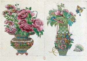 Piirustus kiinalaisesta maljakosta: kukkaruukku. Jean Antoine Fraissen maalaus (1700-luku)