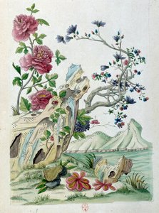 Piirustus kiinalaisesta maljakosta: kukkia maisemassa. Jean Antoine Fraissen maalaus (1700-luku)