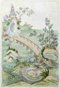 Piirustus kiinalaisesta maljakosta: maisema sillalla. Jean Antoine Fraissen maalaus (1700-luku)