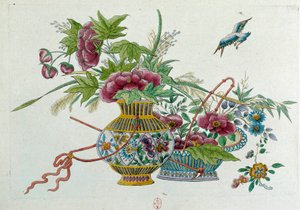Kukkia maljakossa. Piirustus on peräisin kiinalaisesta maljakosta. Jean Antoine Fraissen maalaus (1700-luku)