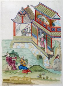 Talo joen rannalla. Piirustus on peräisin kiinalaisesta maljakosta. Jean Antoine Fraissen maalaus (1700-luku)