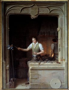 Lukkoseppä yrittää purra tiedostoaan jaylle Kuvitus Jean de La Fontainen taruille. Jean Antoine Laurentin (1763-1832) maalaus 1829 su. 0,86x0,65 m - Lukkoseppä, joka haluaa tehdä jayn pureman metalliviilaansa. Kuvitus Jean de La Fontainen Fa