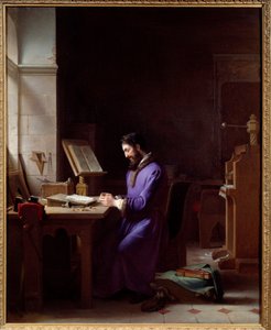 Johannes Gensfleisch Gutenberg (1400-1468) keksi painokoneen Saksalainen kirjapaino on toimistossaan hahmoja käsittelevä edustaja. Jean Antoine Laurentin (1763-1832) maalaus 1830 Grenoble, Musee des Beaux Arts