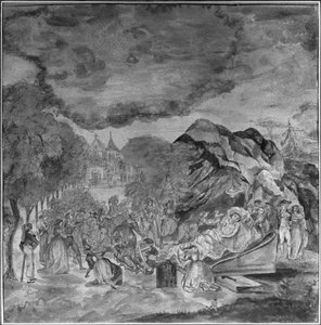 Ihmisiä arkistoimassa Maratin ruumiin ohi lähellä Les Cordeliersin luolaa, 1793 (kynä ja wc paperilla)