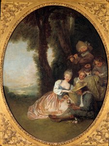 Champetre-konsertti tai "" Odotettu julistus"". Nuori pari rakastunut punastumaan. Jean Antoine Watteaun (1684-1721) rokokootyylinen maalaus tekijältä Jean Antoine Watteau
