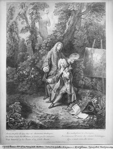 Jean Antoine Watteau ja hänen ystävänsä Monsieur de Julienne, kaiverrus Nicolas Henri Tardieu (1674-1749) tekijältä Jean Antoine Watteau