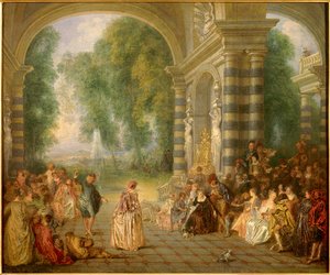 Les plaisirs du bal Jean Antoine Watteaun (1684-1721) maalaus 1700-luvun aurinko. 0,52x0,65 m Lontoo, Dulwich galleria - Pleasures of the Ball - maalaus Jean Antoine Watteau (1684-1721), öljy kankaalle (52 x 65 cm)
