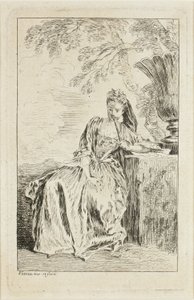 Istuva nainen, joka nojaa jalustalle. tekijältä Jean Antoine Watteau