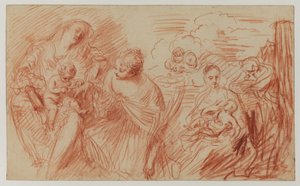 Opintolehti vanhojen mestareiden jälkeen (punainen liitu paperille) tekijältä Jean Antoine Watteau