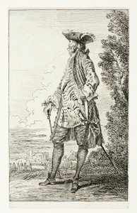 Seisova mies hattu päässä, vasemmalle päin, kuvasta Figures de Modes tekijältä Jean Antoine Watteau