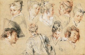 Jean-Antoine Watteaun (1684-1721) tutkimus päistä, piirustus tekijältä Jean Antoine Watteau