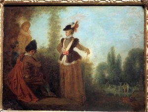Seikkailija Tyylikäs nuori nainen matkaasuissa. Jean Antoine Watteaun (1684-1721) maalaus 1700-luvun Troyes musee des Beaux Arts tekijältä Jean Antoine Watteau