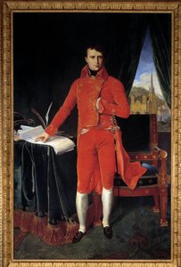 Täyspitkä muotokuva Napoleon Bonapartesta (1769-1821) Joseph Pelin ensimmäisenä konsulimaalauksena Jean-Auguste-Dominique Ingresin (Jean Auguste Dominique) (1780-1867) jälkeen 1929 su. 1,2x2,2m. Malmaison, linnamuseo Huomio! Tämän teoksen käyttö voi olla a