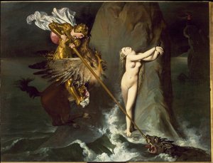 Roger (Ruggero, Ruggiero) vapauttaa Angelican ratsastaa virtahepolla (Orlando furiososta, Ludovico Ariosto) - öljy kankaalle tekijältä Jean Auguste Dominique Ingres