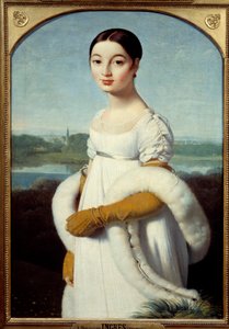 Neiti Caroline Rivieren muotokuva, nuori nainen on pukeutunut ensimmäisen imperiumin muodin mukaan. Jean Auguste Dominique Ingresin (1780-1867) maalaus 1805 su. 1x0,7 m - Mademoiselle Caroline Rivieren muotokuva: Nuori nainen on pukeutunut muodin mukaan tekijältä Jean Auguste Dominique Ingres