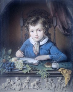 Pojan muotokuva, joka istuu ikkunarakossa ja yllään sininen takki tekijältä Jean Augustin Daiwaille (attributed to)
