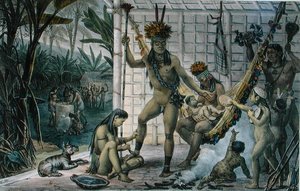 Camacanin intiaanipäällikön perhe valmistautumassa festivaaliin, kuva Jean-Baptise Debretin (1768-1848) teoksesta Voyage Pittoresque et Historique au Bresil, julkaistu Pariisissa