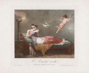 Cupid toimittaa rakkauskirjeen. 1800-luku (painettu) tekijältä Jean Baptiste (after) Mallet