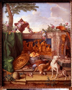 Ludvig XVI:n (1754-1793) metsästystä kuvaava laatta: yksityiskohta koiranhoitoriistasta. Jean Baptiste Oudryn (1686-1755) maalaus posliinille Philippe Castel (n. 1746-1797) 1778-1781 Sun. 0,39x0,49 m Versailles, musee du chateau.