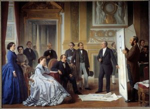 Arkkitehti Louis Visconti (1791-1853) esittelee Napoleon III:lle suunnitelman uudesta Louvre-maalauksesta Ange Tissier (1814-1876) 1865, öljy kankaalle
