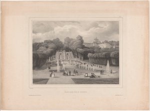 Suihkulähde Château de Saint-Cloudissa Cascade de St. Cloud (otsikko esineessä) Upeat näkymät Pariisissa (sarjan nimi) tekijältä Jean Baptiste Arnout