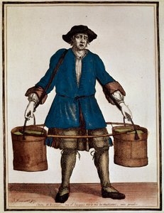 Vesisäiliö, Henri Bonnartin (1642-1711) ja Jean Baptiste Bonnartin (1654-1726) värillinen kaiverrus Recueil des Modes de la cour de Francesta tekijältä Jean Baptiste Bonnart