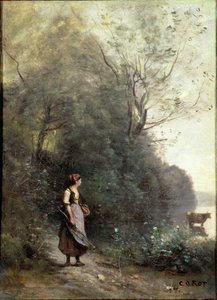 Talonpoikaisnainen laiduntamassa lehmää metsän reunalla, n.1865-70 tekijältä Jean Baptiste Camille Corot
