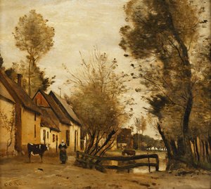 Flesselles, Katu talonpojan ja lehmän kanssa; Flesselles, katu talonpojan ja hänen lehmän kanssa, n. 1862-1865 tekijältä Jean Baptiste Camille Corot