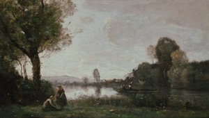 Saksa: Flußlandschaft (Die Seine bei Chatou) Seinen maisema Chatoun lähellä. tekijältä Jean-Baptiste-Camille Corot