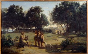 Homer ja paimenet. Kreikkalainen runoilija Patmoksen saarella. Camille Corotin (1796-1875) maalaus 1845 su. 0,8x1,3 m Saint Lo, Musee des Beaux Arts tekijältä Jean Baptiste Camille Corot