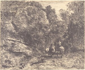 Ratsasmies ja kulkuri metsässä tekijältä Jean Baptiste Camille Corot