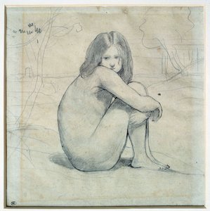 Pieni tyttö istuu maisemassa Camille Corotin (1796-1875) 1800-luvun Sun kynäpiirros ja musta muste. 0,22x0,26 m Pariisi, Musee du Louvre tekijältä Jean Baptiste Camille Corot