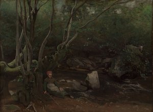 Lormes: Vuohityttö istuu puron vieressä metsässä tekijältä Jean-Baptiste-Camille Corot