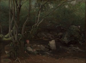 Lormes: Vuohityttö istuu metsässä puron varrella.