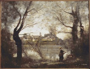 Mantes, Kathedrale und Stadt durch die Bäume gesehen, Abend