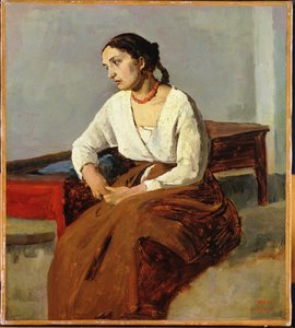 Sitzende Frau im braunen Rock