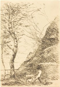 Paimen kamppailee vuohen kanssa Berger luttant avec sa chevre, 1874. tekijältä Jean Baptiste Camille Corot