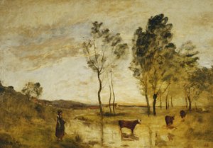Ford; Lehmät Fordin reunalla; Le Gue; Cows on the Edge of the Gue, n. 1870-1873 tekijältä Jean Baptiste Camille Corot