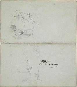Luonnoksia kahdesta lapsesta, veneitä merellä (etusivu); luonnoksia astelevasta mieshenkilöstä, jolla on sauva kädessään, ja rannikkokuvasta (kääntöpuoli). tekijältä Jean Baptiste Carpeaux