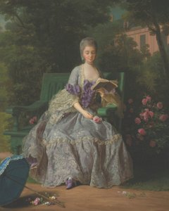 Muotokuva Marie Thérèse Louise Savoijin prinsessasta, Marie Thérèse Louise de Lamballesta (1749-1792), istuu kokopituinen, lila mekko päällään tekijältä Jean Baptiste Charpentier the Elder