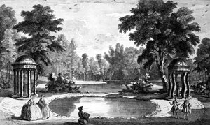 Näkymä luolalle ja kahdelle kuoritemppelille, Stowe House Gardens, kaivertanut George Bickham, 1753
