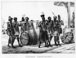 "Black Cangueiros" - Mustat portterit kantavat tynnyriä, kaiverrus Thierry Freres (fl.1827-45), 1835 tekijältä Jean Baptiste Debret