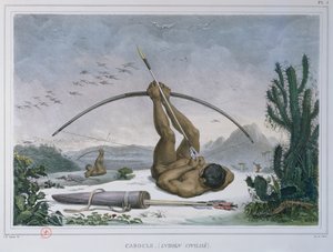 Cabocle Intian metsästyslintuja jousella ja nuolella, Voyage Pittoresque et Historique au Bresil, julkaistu vuonna 1839