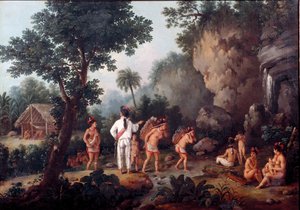 Orjuus; "" orjametsästys """ Intiaaniperheet (Brasiliasta?) ovat orjakauppiaiden vallassa. Jean Baptiste Debret