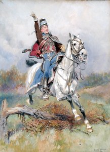 Ranskalainen ratsumies hevosen selässä, 1900 (wc & guassi paperille) tekijältä Jean Baptiste Edouard Detaille