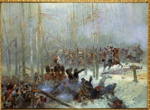 Venäjän kampanja vuonna 1812: "" Eversti Duboisin seitsemännen taistelulaivan panos Berezinassa (Beresina) 28.11.1812 Venäjällä"" Jean-Baptiste-Edouardin (Jean Baptiste Edouard) maalaus Detaille (1848-1912) 1800-luvulla. Pariisi, Musee de l